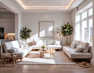 Modern minimal room with wide-angle view featuring light-colored furnishings, large windows, houseplants, wooden accents, and natural light illuminating the space.
