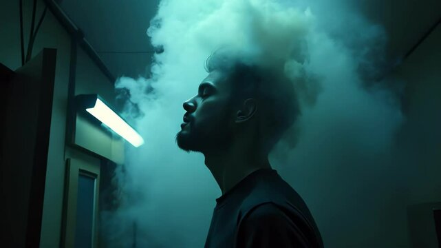 Man in Thought Surrounded by Smoke in Dimly Lit Hallway -  