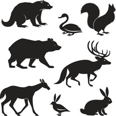 Collection of Wild Animals Silhouettes - Bear, Deer, Squirrel, Rabbit, and More