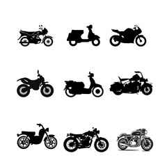 Motorcycle Type and Model icons Set. Vector black illustration isolated on white background with shadow.