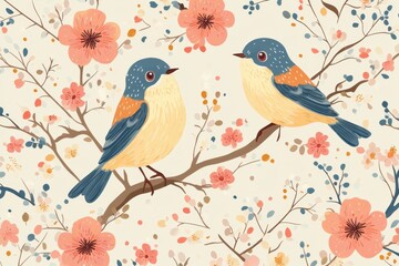 Obraz premium Charming pattern featuring playful birds and vibrant flowers on a soft pastel canvas, perfect for enhancing cheerful designs