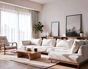 Spacious modern minimal room featuring sleek furniture, natural light streaming through large windows, soft color palette, and stylish d?cor elements for a serene ambiance.