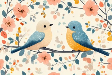 Fototapeta premium Whimsical pattern of colorful birds and flowers celebrating nature's beauty in a pastel landscape