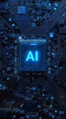 Fototapeta premium 3D illustration of glowing blue AI text on a computer