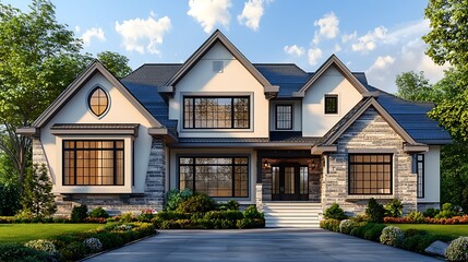 Modern House Design Highlighted in a Close Up, Realistic Front View