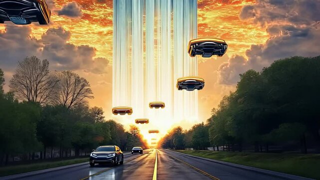 Sci-Fi Scene with Hovering Cars and Beams of Light in a Dramatic Sunset Sky


