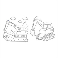 Hand drawn set coloring page of excavator Kids friendly a cute Vector illustration line artwork 
