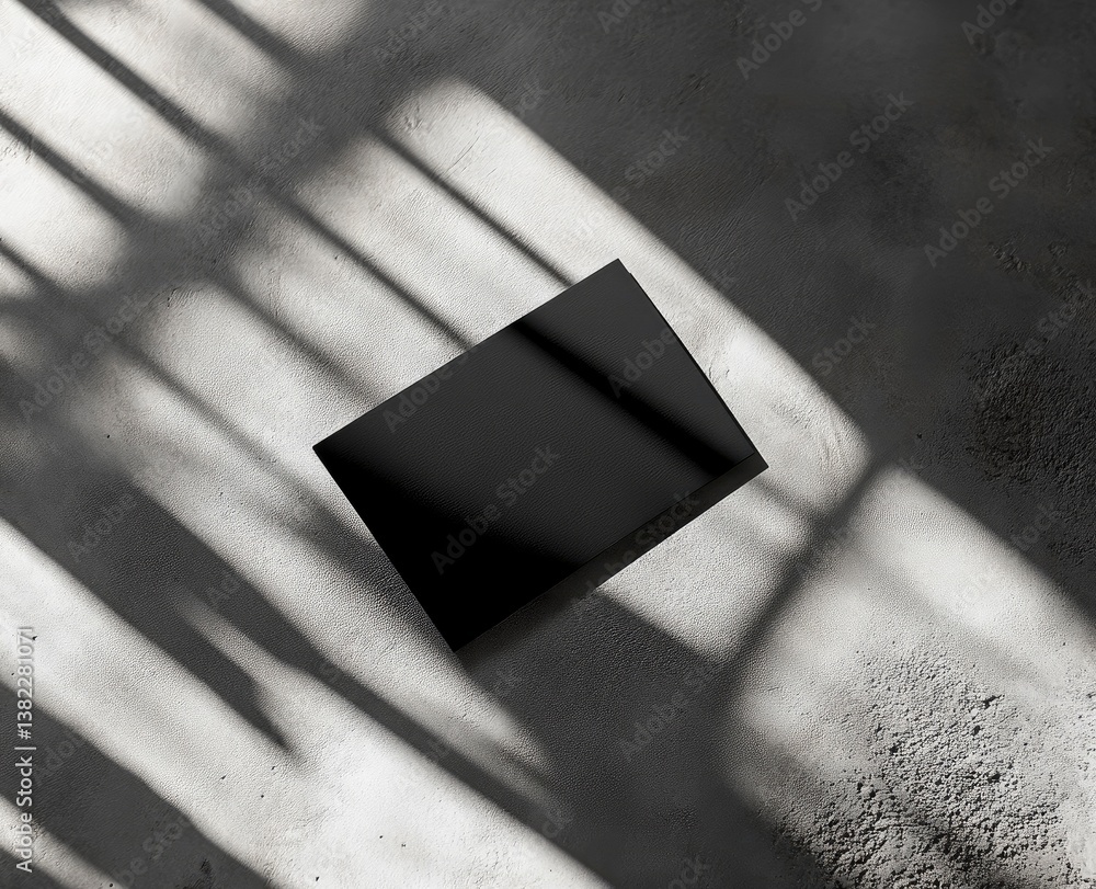 Poster presenting black card on concrete floor with window light showing pattern