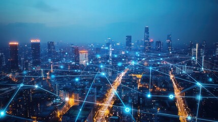 Fototapeta premium Cityscape at night with interconnected network