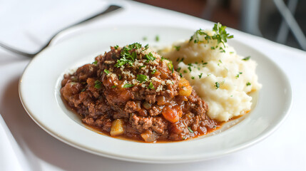 Fototapeta premium Delicious Croatian Dish with Ground Beef Patties Served with Creamy Mashed Potatoes and Fresh Herbs
