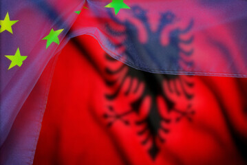 Flags of Albania and the European Union as a symbol of Albania's accession to the EU