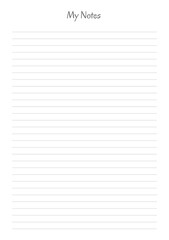 MY NOTES blank sheet of paper with straight parallel lines on white isolated background. Vector illustration.