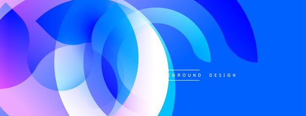 Abstract shapes overlap, creating vibrant blue, purple gradients. Smooth curves suggest movement, modern design. Clean aesthetic, digital art.