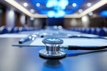Silver Stethoscope on Conference Table with Blurred Background