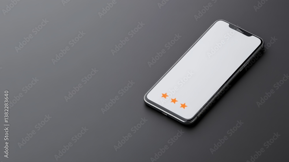 Poster modern smartphone with blank screen displaying rating stars on a sleek dark surface.