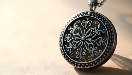 close up of a pendant on a table