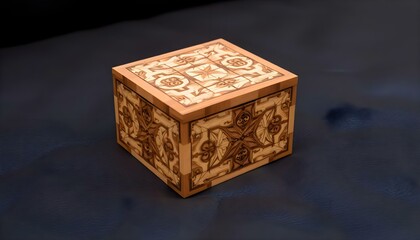 small wooden box sitting on top of a blue surface