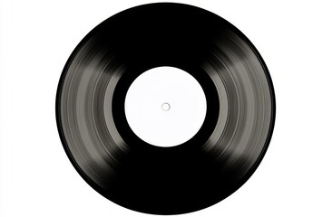 Obraz premium A black vinyl record with visible grooves and a white center label, isolated on a white background. Focus on music and vintage technology.
