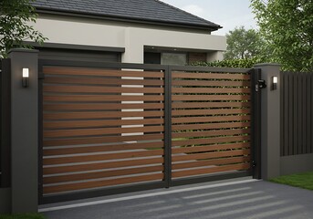 Modern home's elegant wooden slat gate enhances curb appeal with sleek metal framing and subtle lighting.