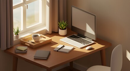 Fototapeta premium Sunlit Workspace Minimalist Home Office Desk Setup