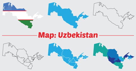 Maps of Uzbekistan, Outline, and Regional Divisions, Uzbekistan country map set. internal provinces borders marked, Simple map of Uzbekistan vector drawing.