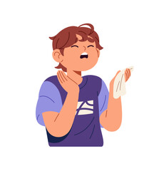 Sick child with nose tissue sneezes. Ill kid with handkerchief coughs. Little boy suffers from allergic rhinitis, flu, cold, influenza symptom. Flat isolated vector illustration on white background