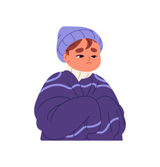 Ill kid suffers from symptoms of influenza. Sick little boy with flu, cold, grippe. Frozen child feels bad, warms up with blanket, knitted hat. Flat isolated vector illustration on white background