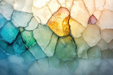 Obraz premium Abstract image of fractured, colorful gemstone; teal, gold, and beige hues create a mosaic-like pattern.