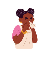Little black girl is sick with runny nose, blows into handkerchief. Ill kid, child sneezes into tissue, suffers from allergic rhinitis, flu, cold, influenza. Flat isolated vector illustration on white