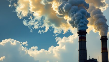 Fototapeta premium A close up of smoke billowing from chimneys, artistically rendered with swirling colors to symbolize pollution vs. clean air.
