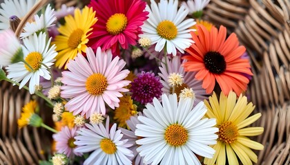 basket filled with lots of different colored flowers