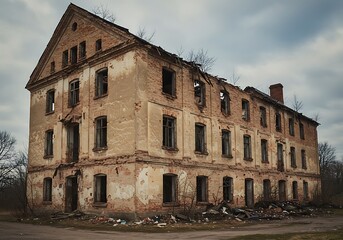Fototapeta premium A forgotten mansion, crumbling yet grand, whispers tales of bygone eras under a brooding sky, its weathered brick bearing the marks of time.