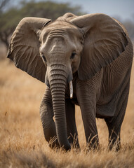 Majestic African Elephant in Savanna, Early Morning Sun, Conservation Focus