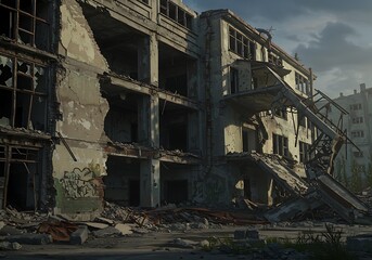 A haunting glimpse into a forgotten city's crumbling heart, where shadows linger and time stands still, under a dusky sky.