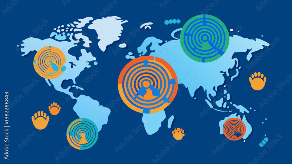 Poster a map of the world overlaid with digital fingerprints each one representing a social media user and 