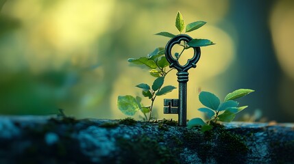 Antique key growing with nature