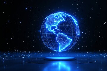 Futuristic digital globe hologram with glowing blue light effect.