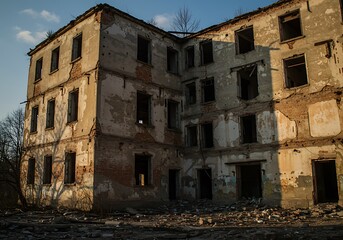 Fototapeta premium A haunting, forgotten building, once a home, now a shell of its former self, standing silently against a dusky sky, its empty windows mirroring a lost past.