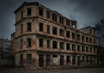 Fototapeta premium A haunting derelict building whispers tales of forgotten lives and lost glory under a brooding, overcast sky.