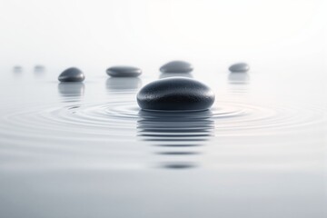 Black stones on a calm water surface creating ripples, with a soft light background.