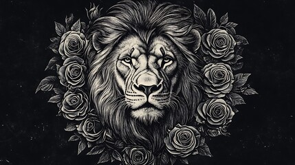 Fototapeta premium Powerful lion surrounded by roses and foliage in intricate line art picture