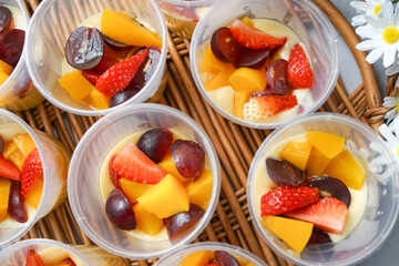 Jelly custard pudding with fresh fruits.
