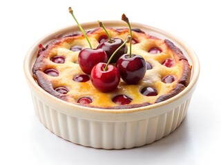 A delightful cherry clafoutis, baked to golden perfection, adorned with fresh, juicy cherries, nestled in a creamy custard base, in a simple off-white ramekin.
