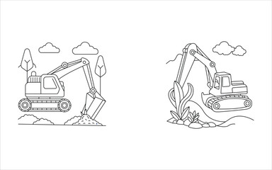  coloring page set of excavator Kids friendly a cute Hand drawn  Vector illustration line artwork 
