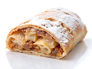 A warm, inviting apple strudel, its flaky layers revealing a sweet, spiced apple filling, dusted with powdered sugar, a tempting treat perfect for a cozy autumn afternoon.