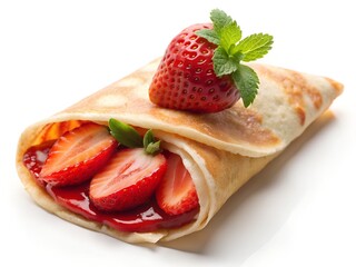 A delightful crepe nestled with juicy strawberry slices and a vibrant whole strawberry, topped with a sprig of mint; bathed in soft light against a bright white background.