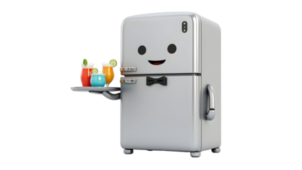 Cartoon Refrigerator Character Serving Colorful Drinks with Bowtie on Transparent Background
