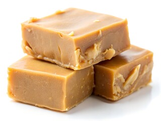 A delectable stack of creamy caramel fudge, studded with crunchy almonds, promising a sweet and satisfying treat, shot against a bright white background.