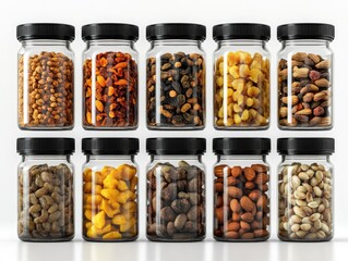 Assorted nuts and dried fruits in glass jars