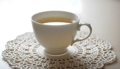 cup of tea on a doily on a table